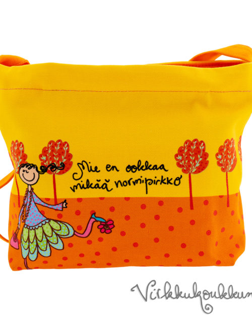 Ihana kotimainen Virkkukoukkusen oranssikeltainen Aikku laukku. Suomessa valmistetussa näpsässä laukussa on säädettävä olkahihna ja se on 100% puuvillaa.