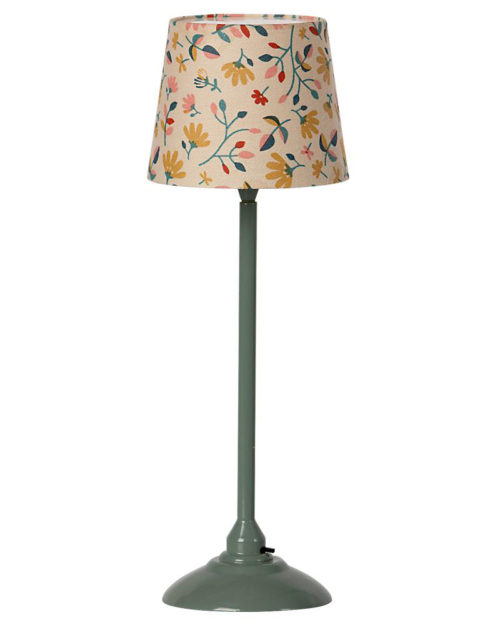 Maileg miniature floor lamp, dark mint - Mailegin miniatyyrilattiavalaisin kauniilla kukkakuvioisella varjostimella ja tumman mintunvärisellä jalalla.