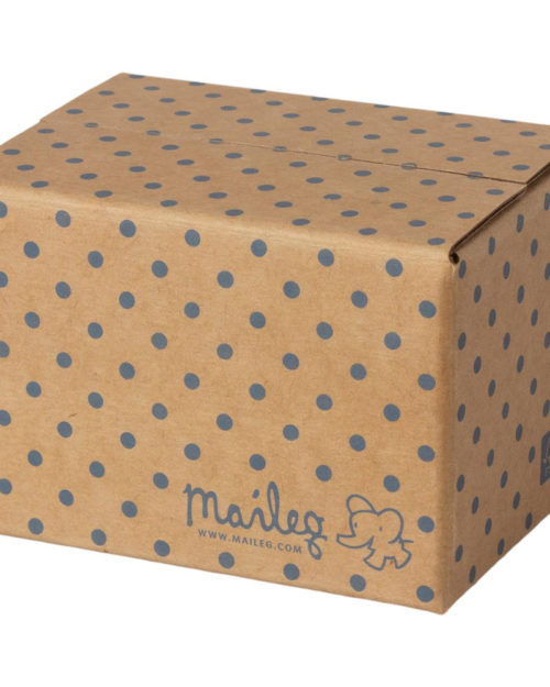 Maileg grocery box - Mailegin hauska ruokatarvikelaatikko jossa jäätelöpaketti, maitotölkki, kananmunapakkaus, juustoa, limsaa ym. pieniä ruokapakkauksia pilkullisessa laatikossa.