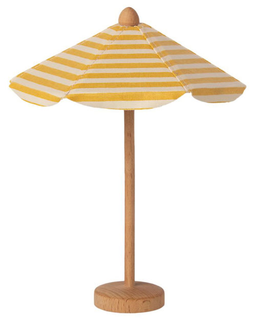Maileg beach umbrella - Mailegin söpö kelta-valkoinen aurinkovarjo puujalalla Mailegin pienille hiirille, pupuille ja muille suloisille hahmoille.