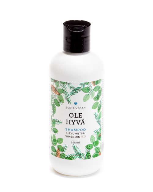 Ole hyvä -sarjan ihanan tuoksuinen havumetsä-viherminttu shampoo 350 ml pullossa.