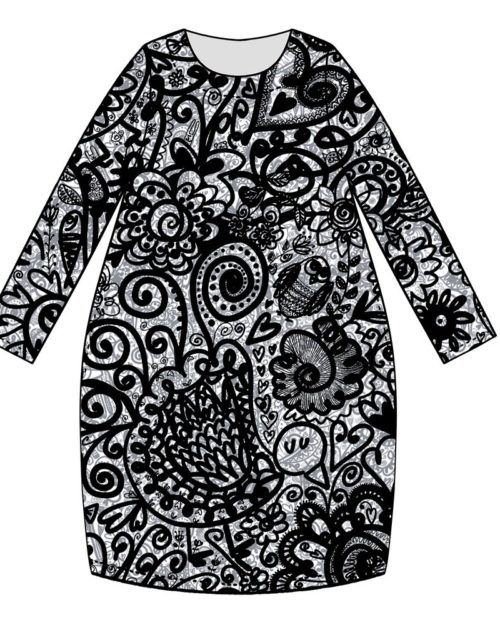 Kotimainen Virkkukoukkusen tulppaanin mallinen pitkähihainen collegekankainen Simpsakka-mekko pyöreällä pääntiellä ja Maxikumu-kuosilla.