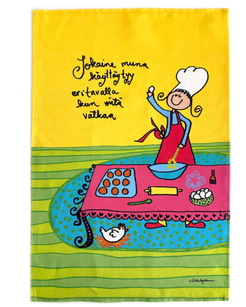 Kotimainen Virkkukoukkusen ihana puolipellavainen iloisen keltainen keittiöpyyhe "Jokaine muna käyttäytyy eri tavalla kun niitä vatkaa"-tekstillä.