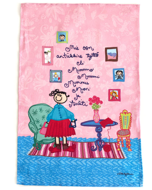Kotimainen Virkkukoukkusen ihana vaaleanpunainen puolipellavainen keittiöpyyhe, jossa teksti "Mie oon antiikkine tyttö eli mummo mummi mummu muori ja isoäiti".