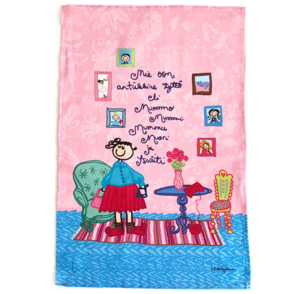 Kotimainen Virkkukoukkusen ihana vaaleanpunainen puolipellavainen keittiöpyyhe, jossa teksti "Mie oon antiikkine tyttö eli mummo mummi mummu muori ja isoäiti".