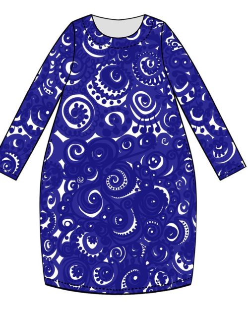 Kotimainen Virkkukoukkusen tulppaanin mallinen pitkähihainen collegekankainen Simpsakka-mekko pyöreällä pääntiellä ja sinivalkoisella Pyörre -kuosilla.