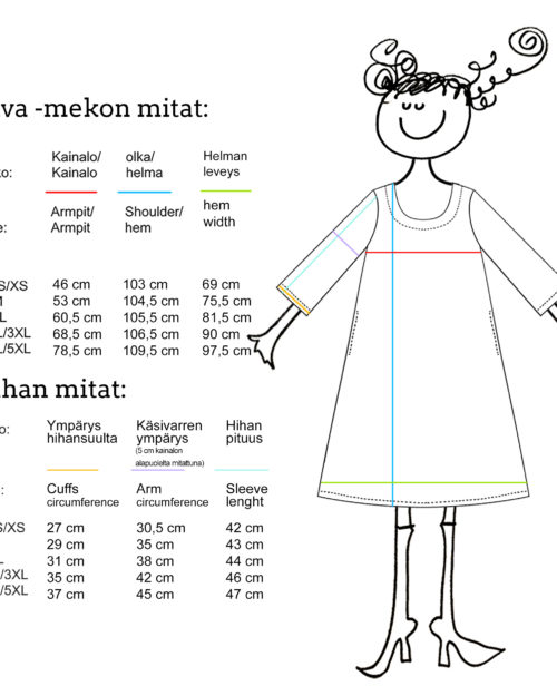 Virkkukoukkusen vaatteista on aina tehty mittakuva, josta on helppo löytää oma koko. Tässä kuvassa Kiva trikoomekon mittakuva.