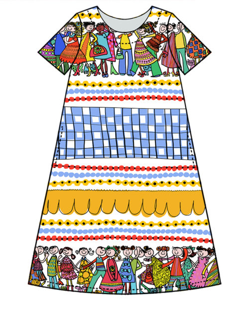 Kotimainen Virkkukoukkusen lyhythihainen Kiva-mekko U-pääntiellä ja hauskalla värikkäällä Kööri-kuosilla, jossa seikkailee Koukkushahmoja kunnon kööri.