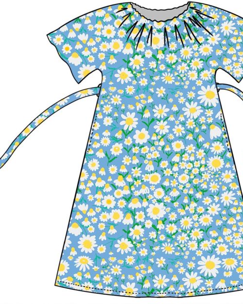 Kotimainen Virkkukoukkusen Satiininen juhlava maxipituinen Loippana-mekko. Kuosina kesäinen vaaleansininen Päivänkakkarat-kuosi, jossa sinisellä pohjalla on kaunis päivänkakkarapelto valko-keltaisine erikokoisine päivänkakkaroineen.