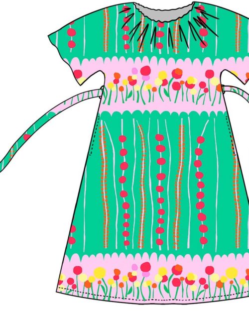 Kotimainen Virkkukoukkusen Satiininen juhlava Loippana-mekko heleällä vihreä-pinkillä Kesäheinäkuosilla. Kuosissa pystyraitaisessa Kesäheinässä punaisia marjoja ja vaakasuuntaisissa vaaleanpunaisissa palkeissa kauniita pallomaisia kukkia punaisina, oransseina ja keltaisina.