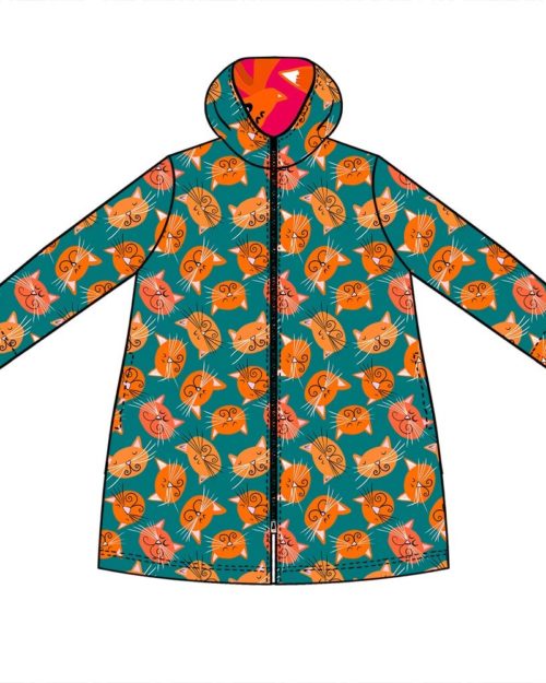 Virkkukoukkusen kotimainen kaunis ja lämmin Huppari-takki hauskalla Mandariinikissat kuosilla, jossa on oransseja hymyileviä kissannaamoja vihreällä pohjalla