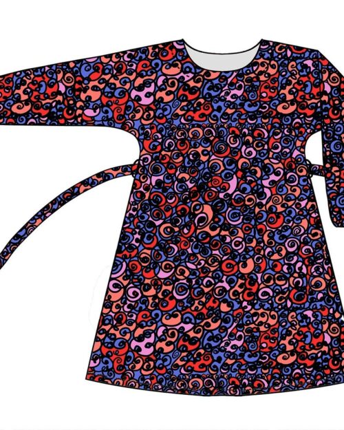 Virkkukoukkusen puuvillasatiininen Luottoleninki on kotimaassa valmistettu pitkähihainen mekko. Linkurat kuosissa on kiemurtelevaa kuviota jossa on väreinä punaista, sinistä, vaaleanpunaista, oranssia ja mustaa.