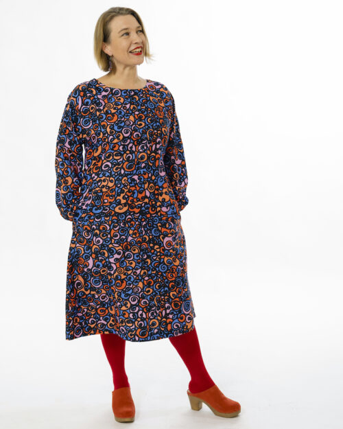 Virkkukoukkusen puuvillasatiininen Luottoleninki on kotimaassa valmistettu pitkähihainen mekko. Linkurat kuosissa on kiemurtelevaa kuviota jossa on väreinä punaista, sinistä, vaaleanpunaista, oranssia ja mustaa.