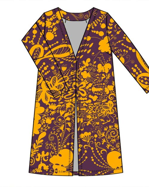 Suomessa valmistettu pitkä ja naisellinen takki. Miellyttävää ja ryhdikkästä Ponte Roma -neulosta. Pitkät hihat ja yhden napin nepparikiinnitys. Kuosina upea Luumu-keltainen Krumeluuri, jossa on luumun violetilla pohjalla lämpimän keltaisia kiemuraisia ja näyttäviä suuria abstrakteja ja kukkamaisia kuvioita.